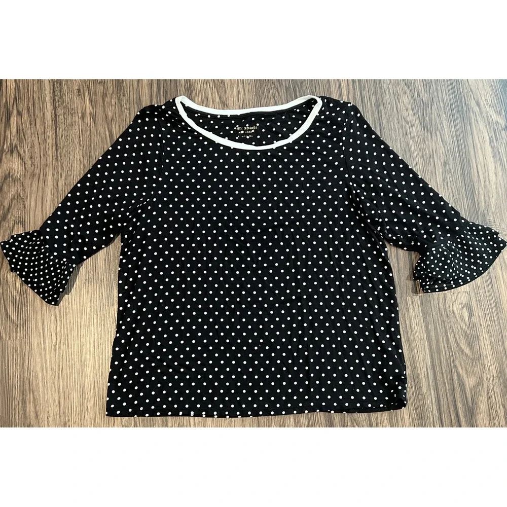 Kate Spade New York polka Dot Black & White 1/2 Ruffle Sleeve Top Blouse S-CH